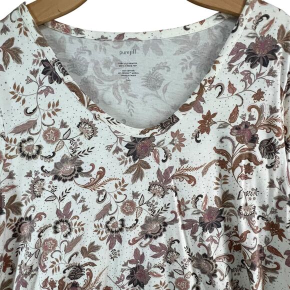 J Jill Pure Printed Soft V Neck Top Large Tall White Tan Floral Casual Boho Chic - Picture 4 of 14